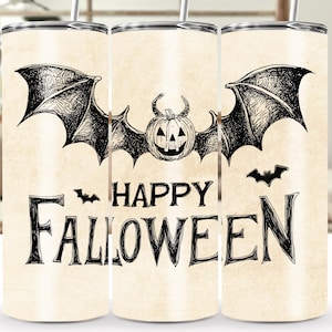 Happy Falloween Pumkpin Bat Tumbler Wrap - 20 oz Seamless Sublimation PNG, Halloween Art, Spooky Fall vibes, Autumn Lover Digital File