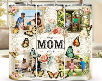 Adesivo para copo térmico Vintage Floral Mom PNG, Foto personalizada Jardim de Borboletas 20oz