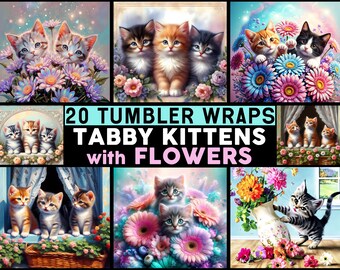 20 designs de gatinhos tigrados e flores - Adesivos para copos térmicos de 590 ml (20 oz), pacote PNG, copo floral para amantes de gatos, download para as festas de fim de ano.