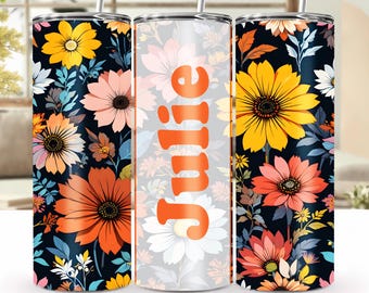 Adesivo personalizado com nome e estampa floral retrô – Capa sem costura para copo térmico de 590 ml (20 oz), adicione seu próprio texto.