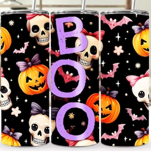 Cute Spooky Skull & Pumpkin Pattern Tumbler Wrap - 20 oz Sublimation PNG, Halloween Art, Boo Text, Digital File