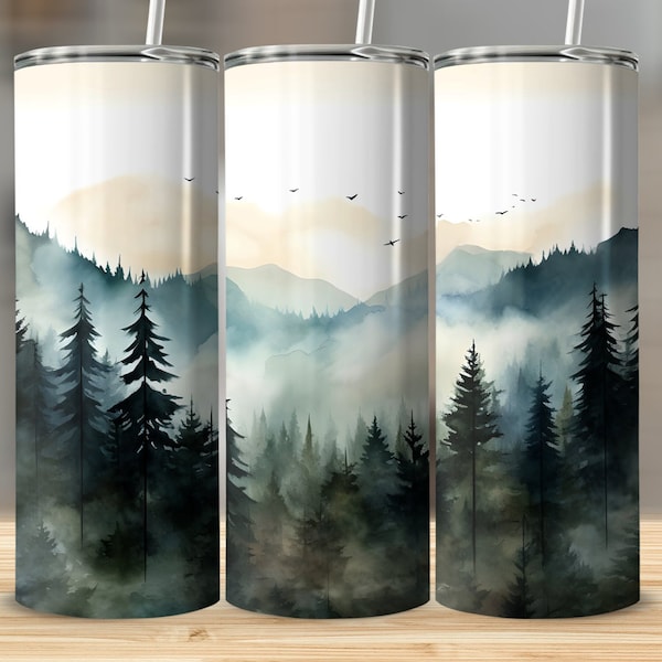 Arbres à feuilles persistantes, montagnes et oiseaux - 20 oz pour sublimation, fichier numérique, amateur de plein air, pins, ciel violet, art bohème, PNG