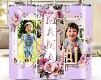 Adesivo PNG para copo térmico floral roxo para mãe, moldura de foto personalizada elegante de 20 oz (591 ml).