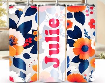 Adicione seu próprio texto Flores retrô vibrantes – Adesivo para copo térmico de 590 ml, nome personalizado PNG