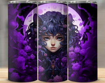 Garota inspirada em anime com orelhas de gato, lua grande e flores roxas - embalagem para copo de sublimação de 20 oz, presente de arte fantástica, caneca para amantes de gatos, arquivo PNG