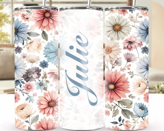 Adesivo personalizado com nome e estampa de flores silvestres suaves – modelo PNG para copo térmico de 590 ml (20 oz)