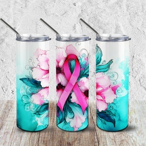 Breast Cancer Awareness Pink Ribbon - 20 oz Sublimation Tumbler Wrap, Digital Download, Pink Flowers, Alcolohol  Ink Painting Boho Art