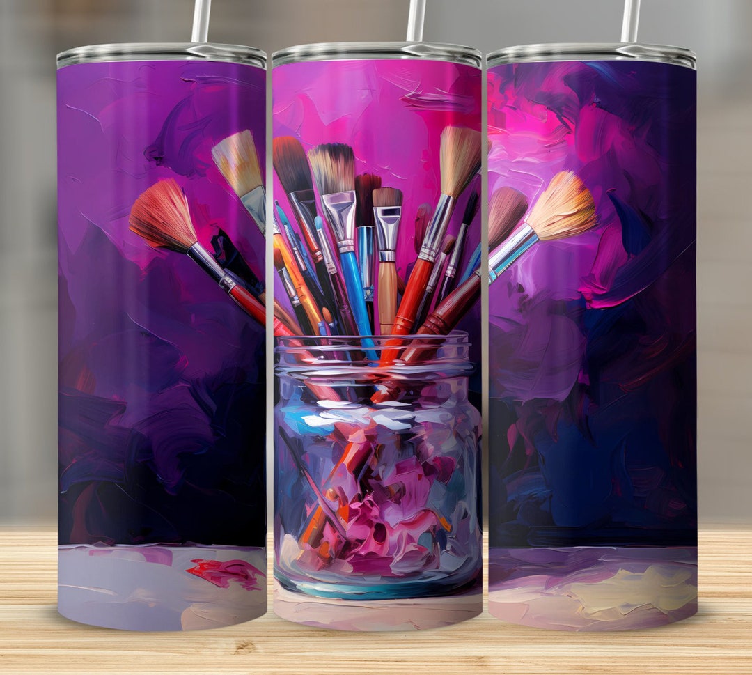 Painterly Artist Paint Brushes in Jar With Purple 20 Oz Sublimation Tumbler Wrap, Digital