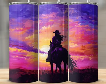 Silhueta de cavalo de vaqueira costeira com céu colorido - envoltório de copo de sublimação de 20 onças, presente para amante de cavalos, arte equina, png