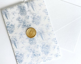 Prefolded Vellum Jacket For 5x7, Floral Vellum Paper, Wedding Invite Vellum Wrap, French Blue Toile Wedding Vellum Wrap, PRINTED Vellum Wrap