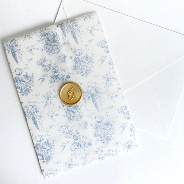 Prefolded Vellum Jacket For 5x7, Floral Vellum Paper, Wedding Invite Vellum Wrap, French Blue Toile Wedding Vellum Wrap, PRINTED Vellum Wrap