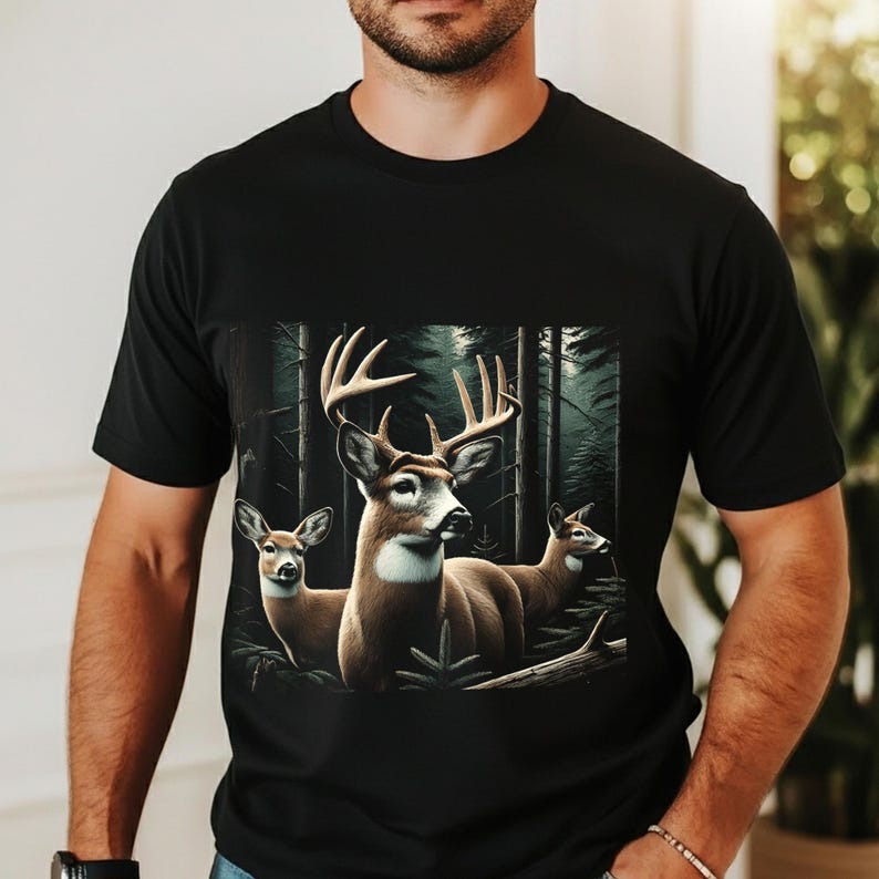 Puede incluir: Una camiseta negra de manga corta con un estampado gr&aacute;fico de tres ciervos en un entorno de bosque oscuro. El ciervo central tiene astas grandes, mientras que dos ciervos m&aacute;s peque&ntilde;os se sit&uacute;an a los lados en tonos naturales marrones y blancos.