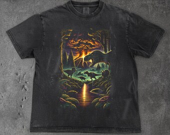 Vintage Jurassic dinosaurusprint uit de jaren 90, retro T-Rex en Triceratops halftoonkunst, prehistorisch T-shirt uit de jaren 90, dinotop, nostalgisch natuurcadeau