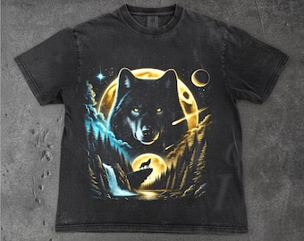 Arte de lobo de semitono PNG Lobo vintage Luna Bosque Noche Lobo aullando Descarga digital