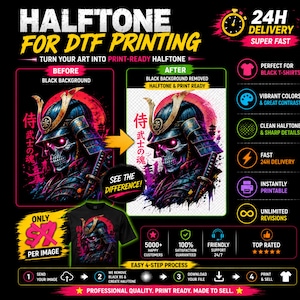 Könnte beinhalten: Eine digitale Service-Anzeige für Halftone-DTF-Druck mit einer Samurai-Totenkopf-Grafik. Das Bild zeigt einen Vorher-Nachher-Vergleich der Entfernung des schwarzen Hintergrunds, ein T-Shirt-Modell und eine Anleitung in vier Schritten mit Text.