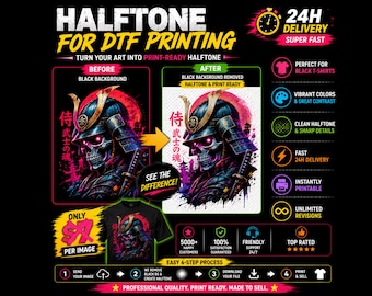 Halftoneservice voor DTF 300 DPI, optimalisatie, afbeelding voor zwarte T-shirts, levering binnen 24 uur