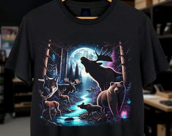 Diseño de camiseta con diseño de vida silvestre PNG de semitono, animales del bosque vintage, lobo, ciervo, oso, suave y descolorido, arte natural