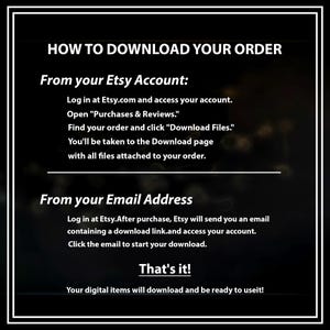 Puede incluir: Un gr&aacute;fico informativo negro con texto blanco titulado HOW TO DOWNLOAD YOUR ORDER. Proporciona instrucciones para descargar archivos desde una cuenta de Etsy a trav&eacute;s de Purchases & Reviews y por correo electr&oacute;nico, terminando con That's it!