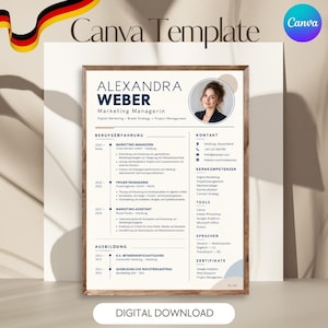 Peut inclure: Un modèle de CV présentant le nom Alexandra Weber, responsable marketing, avec des sections pour l'expérience professionnelle, l'éducation, les contacts, les compétences, les outils, les langues et les certifications, incluant une photo.