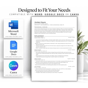 Könnte beinhalten: Eine Lebenslaufvorlage mit dem Titel Designed to Fit Your Needs, kompatibel mit Microsoft Word, Google Docs und Canva. Das Dokument zeigt die Berufserfahrung von Jordan Hayes, einem Senior Full-Stack Software Engineer.
