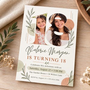 Könnte beinhalten: Eine rechteckige Geburtstagseinladungskarte mit der Zahl 18 und zwei Fotoausschnitten eines Mädchens. Der Text lautet Valerie Morgan IS TURNING 18, Saturday, August 22, 5:00 PM, The Garden House, 24 Willow Lane, RSVP by August 15, 555-014-2086.