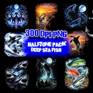 Könnte beinhalten: Eine Sammlung digitaler Illustrationen mit Meereslebewesen. Die Bilder zeigen Orcas, Haie und verschiedene Fische, mit einem Fokus auf Tiefsee-Themen. Der Text "300 DPI PNG" und "Halftone Pack Deep Sea Fish" ist in der Mitte zu sehen.