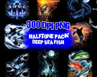 Bundel met halftoonafbeeldingen van orka's, vintage retro afbeeldingen uit de jaren 90, orka's, maan, oceaan en wilde dieren, digitale download.