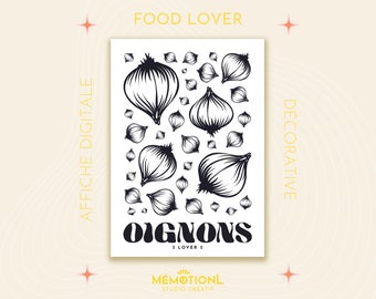 Affiche décoration cuisine ⁕ Affiche Oignons Lover - Illustration Oignon - Fan d'oignons - Dessin ligne n&b ⁕ Décoration murale à imprimer