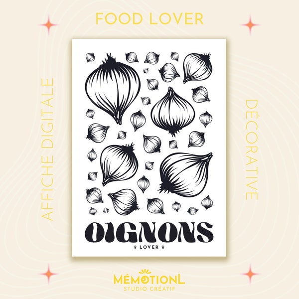 Affiche décoration cuisine ⁕ Affiche Oignons Lover - Illustration Oignon - Fan d'oignons - Dessin ligne n&b ⁕ Décoration murale à imprimer