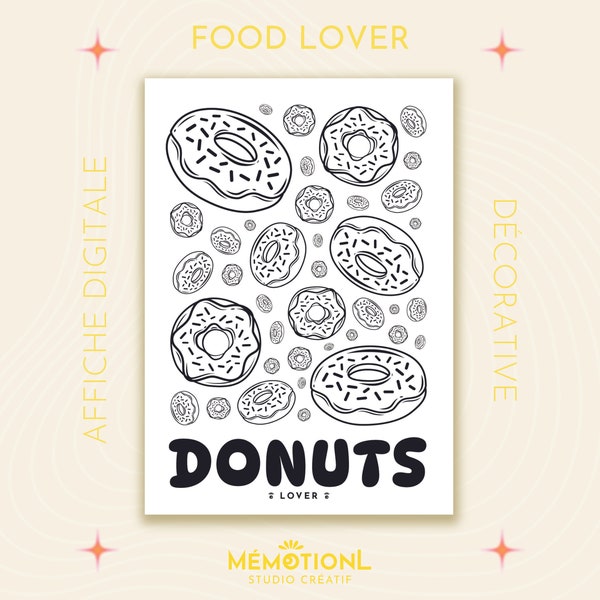 Affiche déco cuisine ⁕ Donuts Lover collection - Doughnuts/Beignets - Illustration donuts - Dessin ligne n&b ⁕ Décoration murale à imprimer