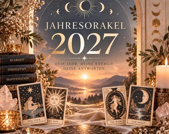 May include: A digital graphic featuring the text JAHRESORAKEL 2027 and DEIN JAHR. DEINE ENERGIE. DEINE ANTWORTEN. The image displays four tarot cards labelled THE STAR, THE SUN, THE WORLD, and THE MOON, arranged before a sunset landscape view.