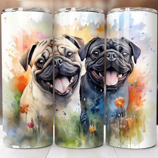 Pug Tumbler Wrap, 20 oz Skinny Straight, Sublimation Design,  Digital Download Colorful Pug Color Tumbler Wrap Pug Dog Tumbler flowers grass