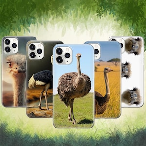 May include: A collection of phone cases featuring images of ostriches. The cases display various images of the birds in different settings, including close-ups of their faces and full body shots in natural environments. The cases have a glossy finish.