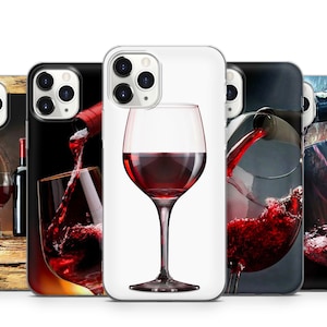 May include: Four different iPhone cases with a wine theme. The cases feature a glass of red wine, a bottle of red wine pouring into a glass, and a barrel of wine.