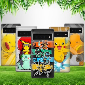 May include: Five different phone cases with various Pokemon characters. The cases are black, white, and yellow with different colored designs. The characters include Pikachu, Bulbasaur, Charmander, Squirtle, and a ninja-like Pokemon.