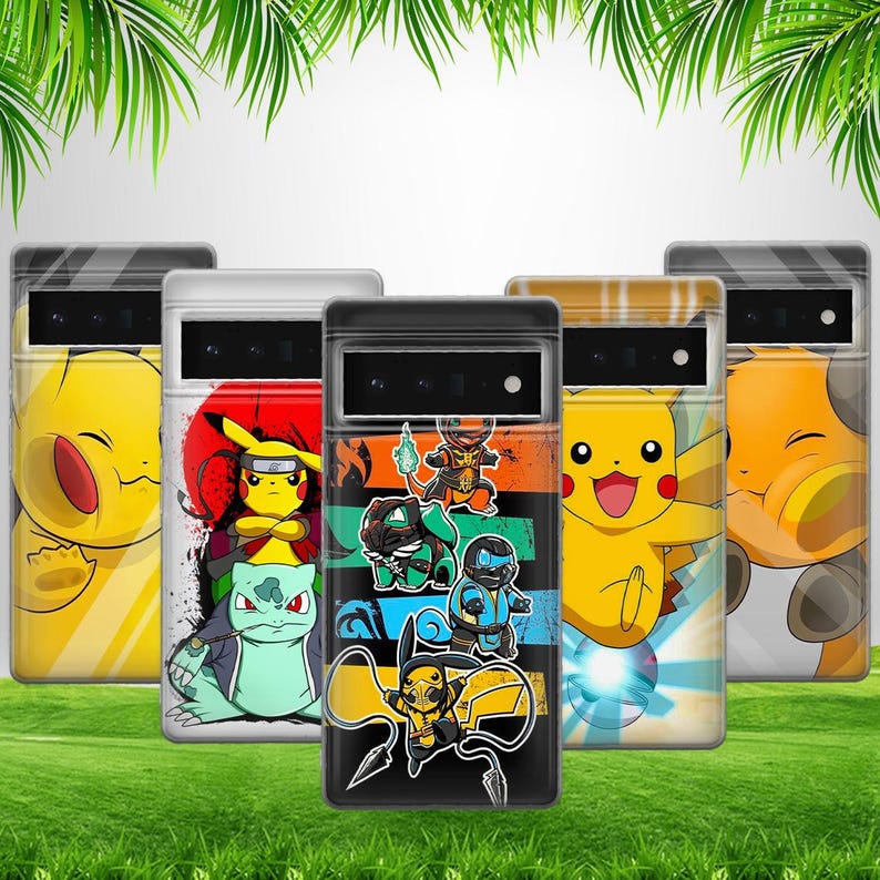 May include: Five different phone cases with various Pokemon characters. The cases are black, white, and yellow with different colored designs. The characters include Pikachu, Bulbasaur, Charmander, Squirtle, and a ninja-like Pokemon.