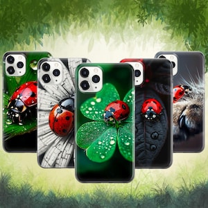 May include: A collection of five phone cases featuring vibrant designs of ladybugs. Each case showcases a different background, including green leaves, a white flower, and a dark leaf, with the ladybugs in various poses. The cases have a glossy finish.