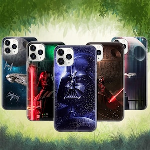 May include: A collection of five phone cases featuring Star Wars-themed designs. The cases showcase images of Darth Vader, the Death Star, and various space battles. The cases have a glossy finish and are displayed against a green and white background.