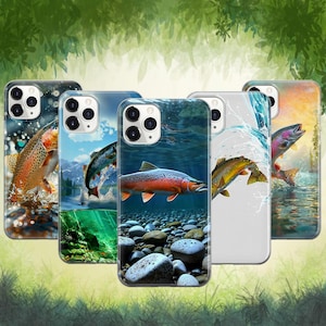May include: A collection of five phone cases featuring vibrant images of fish in their natural aquatic habitats. The cases showcase various fish species, with detailed illustrations of their scales and fins, set against underwater and river scenes.