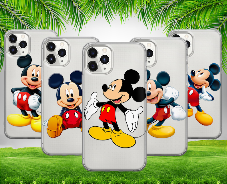 May include: Four clear phone cases with different Mickey Mouse characters. The cases are all white and have a clear back. The characters are all in different poses and have different expressions. The characters are all wearing red shorts and yellow shoes. The cases are all for iPhone 13 Pro Max.