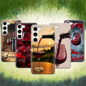 May include: A collection of phone cases featuring wine-themed designs. The cases display images of wine glasses, pouring wine, and wine bottles. The color palette includes shades of red, brown, and gold, with a sunset scene on one case.