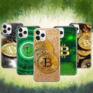 May include: A selection of phone cases with Bitcoin designs. The cases showcase gold Bitcoin coins, green circuit board patterns, and a glittery gold finish. The cases are designed to fit a smartphone.