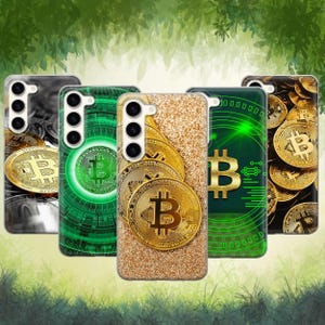 May include: Five smartphone cases with Bitcoin designs. The cases showcase diverse backgrounds, such as gold glitter, green circuit patterns, and Bitcoin coin imagery. Each case has a unique design, with the Bitcoin symbol as a central feature.