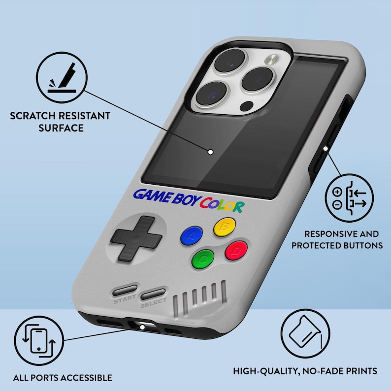 Może przedstawiać: Jasnoszara obudowa telefonu z motywem Game Boy Color. Obudowa posiada krzyżak, kolorowe przyciski oraz napis "GAME BOY COLOR". Dodatkowy tekst to "SCRATCH RESISTANT SURFACE", "ALL PORTS ACCESSIBLE" i "HIGH-QUALITY, NO-FADE PRINTS".