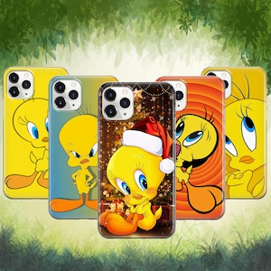 May include: A collection of phone cases featuring the cartoon character Tweety Bird in various poses and designs. The cases are primarily yellow, with blue eyes and orange feet. One case has a Christmas theme with a Santa hat.