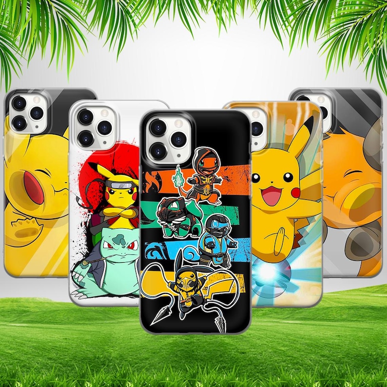 May include: Five different phone cases with various Pokemon characters. The cases are all black, white, and yellow with different Pokemon characters on each case. The cases are all for iPhone.
