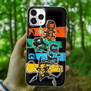 May include: A black phone case with a colorful design featuring four cartoon characters. The characters are a red, green, blue, and yellow creature with black outlines. The case has a camera lens cutout and a black background.
