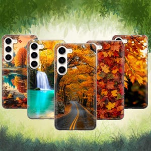 May include: Five phone cases with autumn-themed designs. The cases feature images of a waterfall, a road through fall foliage, and colorful leaves. The cases are in shades of orange, yellow, and brown, with a touch of blue.