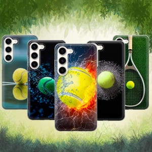 May include: A selection of phone cases with tennis-themed designs. The cases display images of tennis balls, water splashes, fire effects, and a tennis racket. The cases are in various colours, including green, yellow, and black.