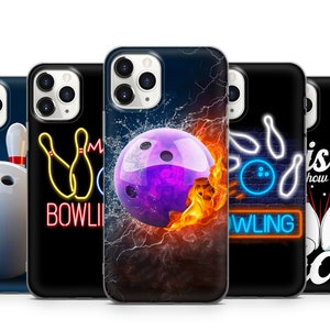 May include: Set of five phone cases featuring different bowling-themed designs. One case has a neon bowling pin design with the word "Bowling" in neon letters. Another case has a bowling ball with flames and a purple bowling ball. Another case has a bowling ball with a neon design. Another case has a bowling ball with a neon design. Another case has a bowling ball with a neon design.